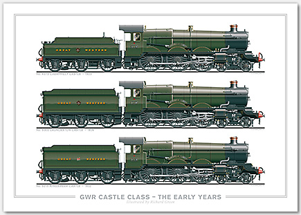 GWR Castle Class – The Early Years. No. 4073 Caerphilly Castle (1923), No. 5000 Launceston Castle (1926), No. 5015 Kingswear Castle (1932) (C. B. Collett) Steam Locomotive Print
