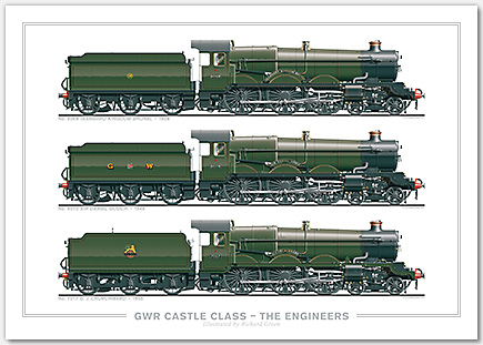 GWR Castle Class – The Engineers. No. 5069 Isambard Kingdom Brunel (1938), No. 5070 Sir Daniel Gooch (1946), No. 7017 G. J. Churchward (1955) (C. B. Collett / F. W. Hawksworth) Steam Locomotive Print