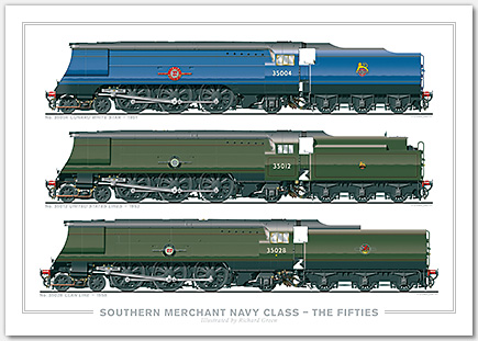 SR 4-6-2 Merchant Navy Class – The Fifties (50s). No. 35004 Cunard White Star (1951), No. 35012 United States Lines (1952), No. 35028 Clan Line (1958) (O. V. S. Bulleid) Steam Locomotive Print