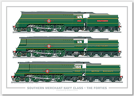 SR 4-6-2 Merchant Navy Class – The Forties (40s). No. 21C1 Channel Packet (1941), No. 21C14 Nederland Line (1946), No. 35023 Holland-Africa Line (1949) (O. V. S. Bulleid) Steam Locomotive Print