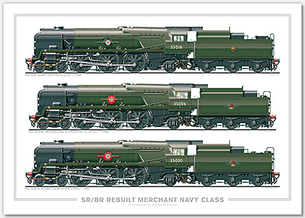SR/BR 4-6-2 Merchant Navy Class – Rebuilt. No. 35018 British India Line (1956), No. 35006 Peninsular & Oriental S. N. Co. (1962), No. 35030 Elder-Dempster Lines (1967) (O. V. S. Bulleid/R. G. Jarvis) Steam Locomotive Print
