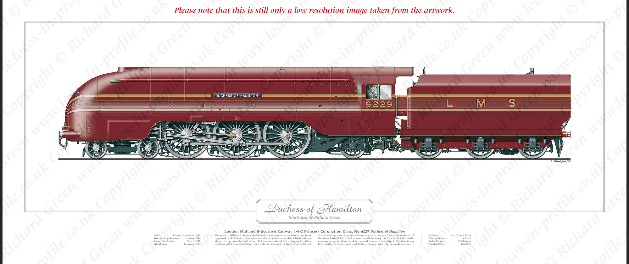 LMS Duchess Class No. 6229 Duchess of Hamilton (W A Stanier) Steam Locomotive Print