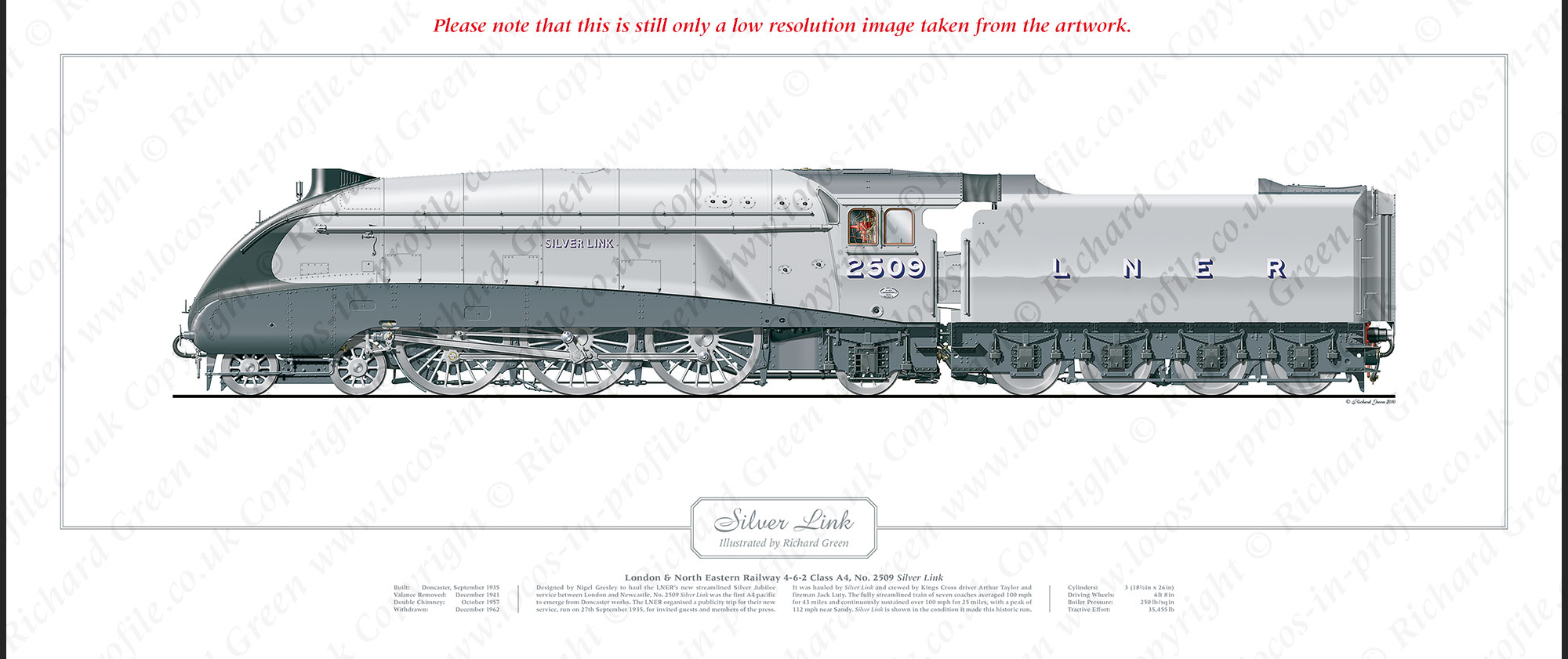 LNER A4 Class No. 2509 Silver Link (H N Gresley) Steam Locomotive Print