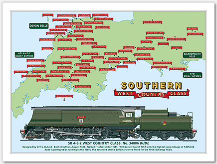 SR 4-6-2 West Country Class No. 34006 Bude with Nameplates and Train Headboards, (O. V. S. Bulleid) Steam Locomotive Print