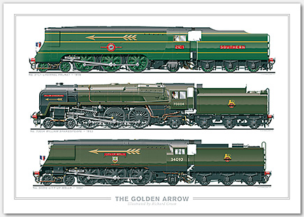 The Golden Arrow. No. 21C1 Channel Packet (1946), No. 70004 William Shakespeare (1953), No. 34092 City of Wells (1957) (O.V.S. Bulleid & R.A. Riddles) Steam Locomotive Print