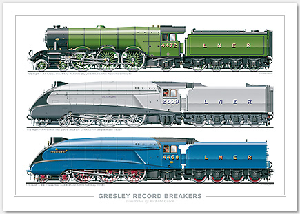 Gresley Record Breakers. 100mph – A1 Class No. 4472 Flying Scotsman (30th November 1934), 112mph – A4 Class No. 2509 Silver Link (29th September 1935), 126mph – A4 Class No. 4468 Mallard (3rd July 1938) (H.N. Gresley) Steam Locomotive Print