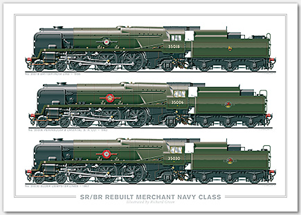 SR/BR 4-6-2 Merchant Navy Class – Rebuilt. No. 35018 British India Line (1956), No. 35006 Peninsular & Oriental S. N. Co. (1962), No. 35030 Elder-Dempster Lines (1967) (O. V. S. Bulleid/R. G. Jarvis) Steam Locomotive Print