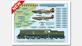 SR 4-6-2 Battle of Britain Class No. 34069 Hawkinge with Nameplates plus Hawker Hurricane (32 Squadron) and Supermarine Spitfire (610 Squadron) (O. V. S. Bullied / R. G. Jarvis) Steam Locomotive Print