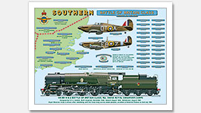 SR/BR 4-6-2 Rebuilt Battle of Britain Class No. 34050 Royal Observer Corps with Nameplates plus Hawker Hurricane (257 Squadron) and Supermarine Spitfire (41 Squadron) (O. V. S. Bullied / R. G. Jarvis) Steam Locomotive Print