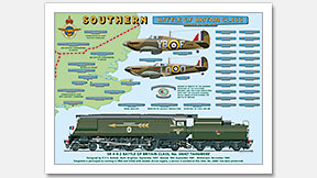 SR 4-6-2 Battle of Britain Class No. 34067 Tangmere with Nameplates plus Hawker Hurricane (17 Squadron) and Supermarine Spitfire (602 Squadron) (O. V. S. Bulleid) Steam Locomotive Print