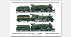 GWR Castle Class – The Early Years. No. 4073 Caerphilly Castle (1923), No. 5000 Launceston Castle (1926), No. 5015 Kingswear Castle (1932) (C. B. Collett) Steam Locomotive Print