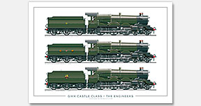 GWR Castle Class – The Engineers. No. 5069 Isambard Kingdom Brunel (1938), No. 5070 Sir Daniel Gooch (1946), No. 7017 G. J. Churchward (1955) (C. B. Collett / F. W. Hawksworth) Steam Locomotive Print