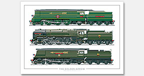 The Golden Arrow. No. 21C1 Channel Packet (1946), No. 70004 William Shakespeare (1953), No. 34092 City of Wells (1957) (O.V.S. Bulleid & R.A. Riddles) Steam Locomotive Print