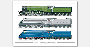 Gresley Record Breakers. 100mph – A1 Class No. 4472 Flying Scotsman (30th November 1934), 112mph – A4 Class No. 2509 Silver Link (29th September 1935), 126mph – A4 Class No. 4468 Mallard (3rd July 1938) (H.N. Gresley) Steam Locomotive Print