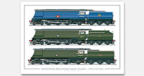 SR 4-6-2 Merchant Navy Class – The Fifties (50s). No. 35004 Cunard White Star (1951), No. 35012 United States Lines (1952), No. 35028 Clan Line (1958) (O. V. S. Bulleid) Steam Locomotive Print