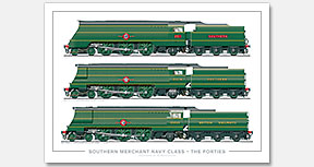 SR 4-6-2 Merchant Navy Class – The Forties (40s). No. 21C1 Channel Packet (1941), No. 21C14 Nederland Line (1946), No. 35023 Holland-Africa Line (1949) (O. V. S. Bulleid) Steam Locomotive Print