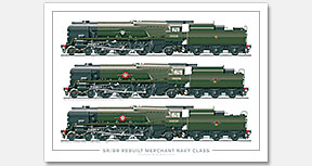 SR/BR 4-6-2 Merchant Navy Class – Rebuilt. No. 35018 British India Line (1956), No. 35006 Peninsular & Oriental S. N. Co. (1962), No. 35030 Elder-Dempster Lines (1967) (O. V. S. Bulleid/R. G. Jarvis) Steam Locomotive Print