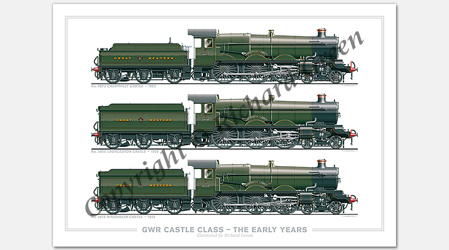 GWR Castle Class – The Early Years. No. 4073 Caerphilly Castle (1923), No. 5000 Launceston Castle (1926), No. 5015 Kingswear Castle (1932) (C. B. Collett) Steam Locomotive Print