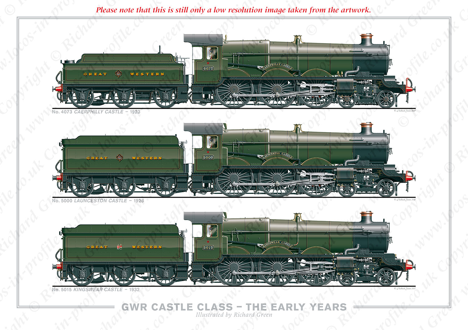 GWR Castle Class – The Early Years. No. 4073 Caerphilly Castle (1923), No. 5000 Launceston Castle (1926), No. 5015 Kingswear Castle (1932) (C. B. Collett) Steam Locomotive Print