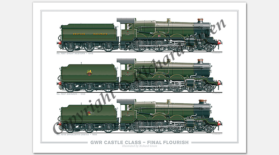 GWR Castle Class – Final Flourish. No. 7007 Great Western (1948), No. 7037 Swindon (1950), No. 7018 Drysllwyn Castle (1958) (C. B. Collett / F. W. Hawksworth) Steam Locomotive Print