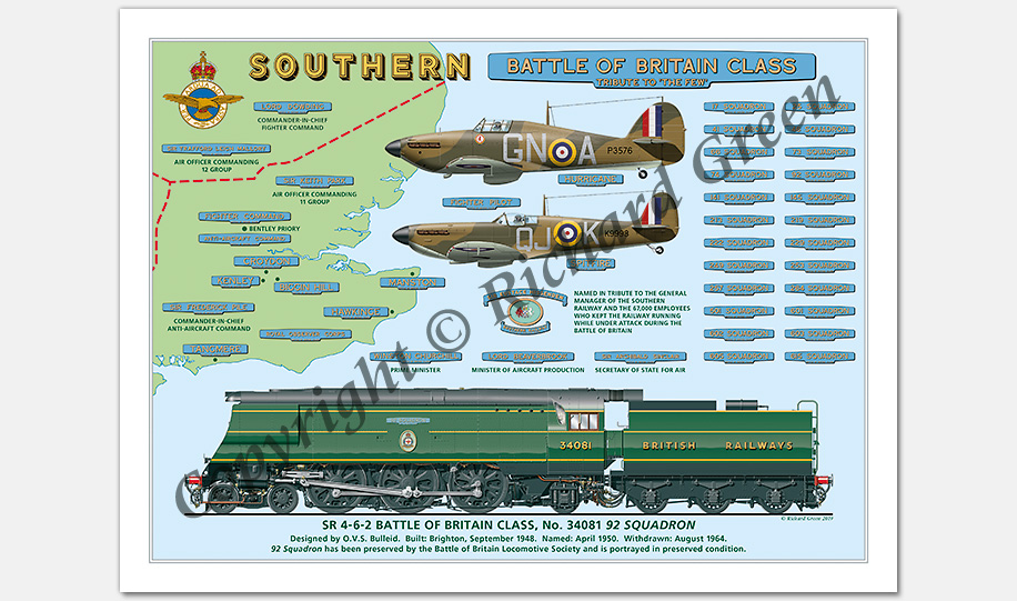 SR 4-6-2 Battle of Britain Class No. 34081 92 Squadron with Nameplates plus Hawker Hurricane (249 Squadron) and Supermarine Spitfire (92 Squadron) (O. V. S. Bulleid) Steam Locomotive Print