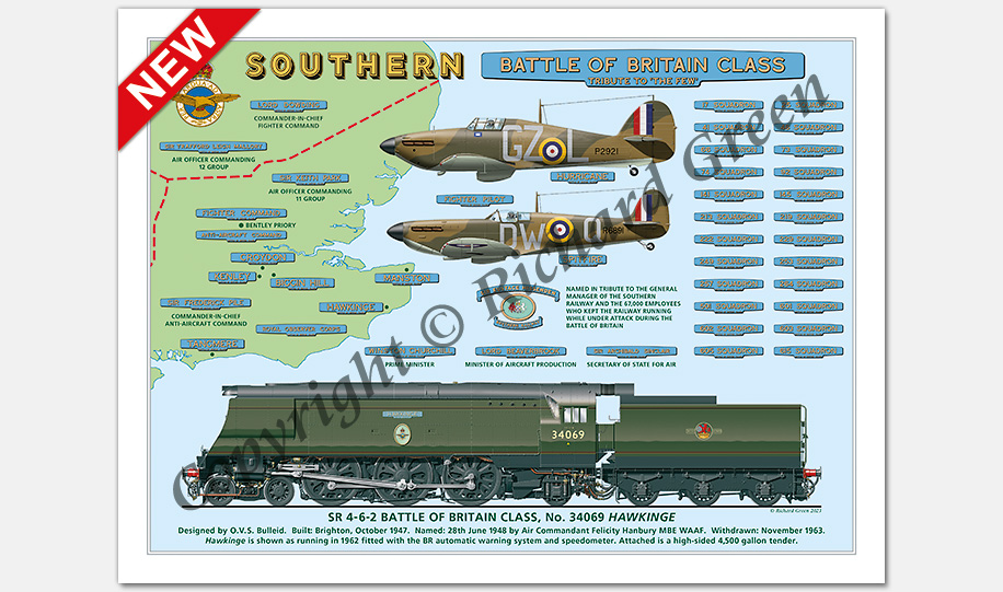 SR 4-6-2 Battle of Britain Class No. 34069 Hawkinge with Nameplates plus Hawker Hurricane (32 Squadron) and Supermarine Spitfire (610 Squadron) (O. V. S. Bulleid) Steam Locomotive Print