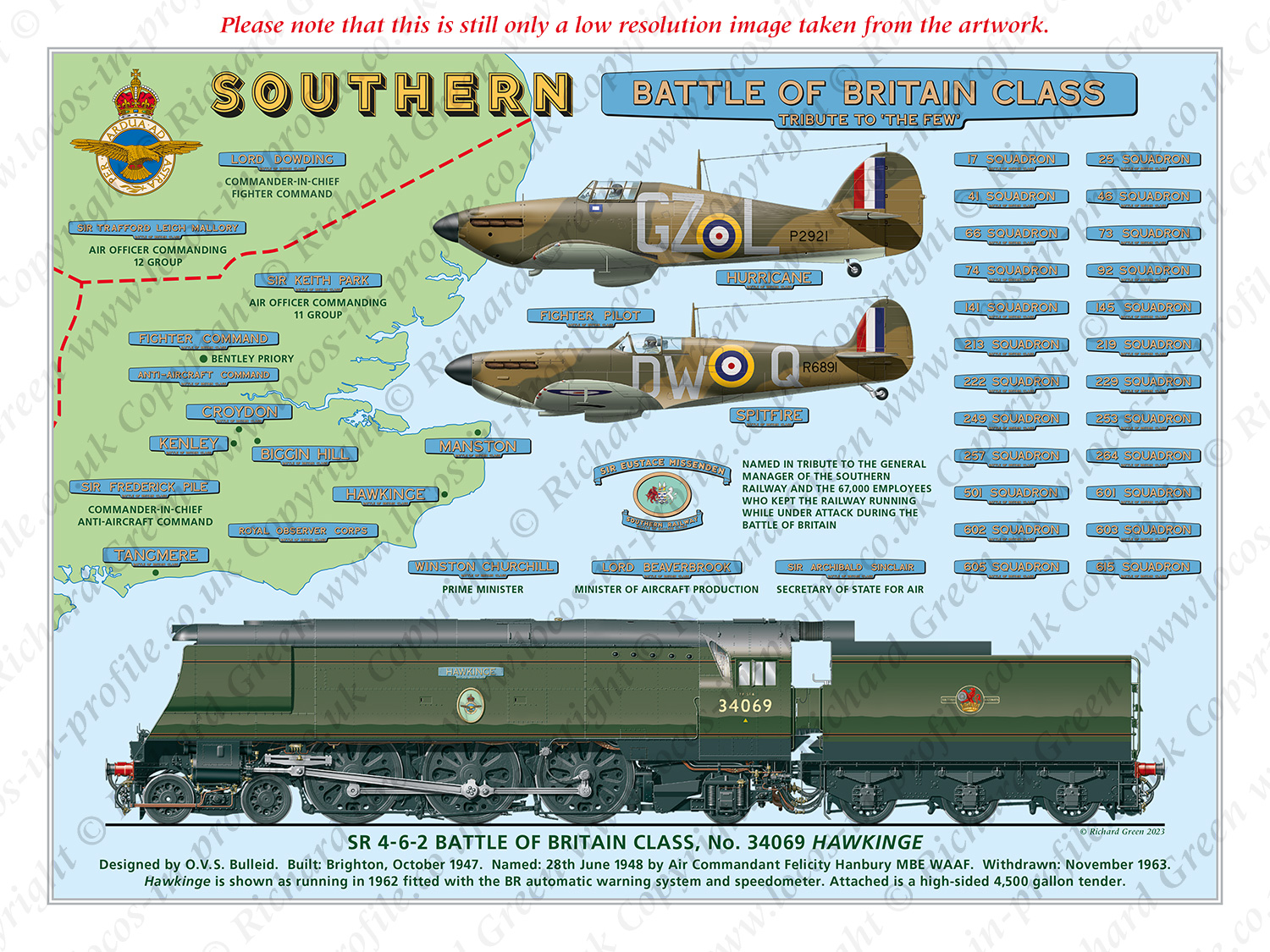 SR 4-6-2 Battle of Britain Class No. 34067 Tangmere with Nameplates plus Hawker Hurricane (17 Squadron) and Supermarine Spitfire (602 Squadron) (O. V. S. Bulleid) Steam Locomotive Print