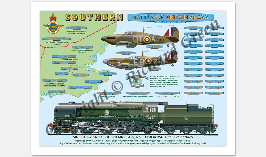 SR/BR 4-6-2 Rebuilt Battle of Britain Class No. 34050 Royal Observer Corps with Nameplates plus Hawker Hurricane (257 Squadron) and Supermarine Spitfire (41 Squadron) (O. V. S. Bullied / R. G. Jarvis) Steam Locomotive Print