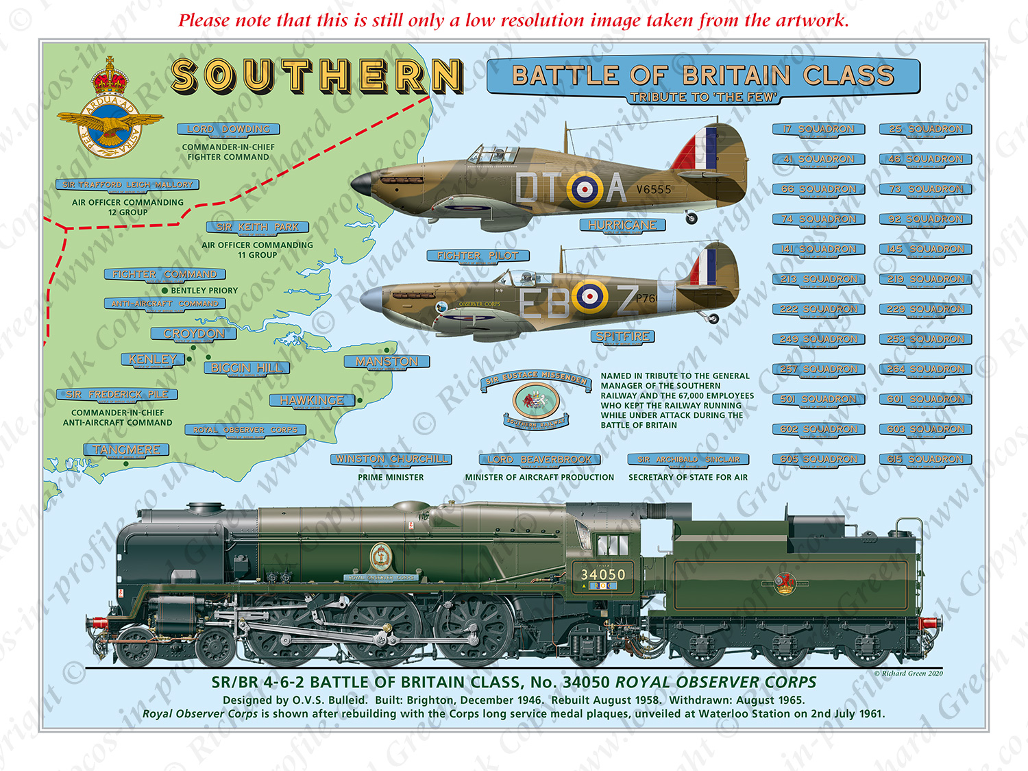 SR/BR 4-6-2 Rebuilt Battle of Britain Class No. 34050 Royal Observer Corps with Nameplates plus Hawker Hurricane (257 Squadron) and Supermarine Spitfire (41 Squadron) (O. V. S. Bullied / R. G. Jarvis) Steam Locomotive Print