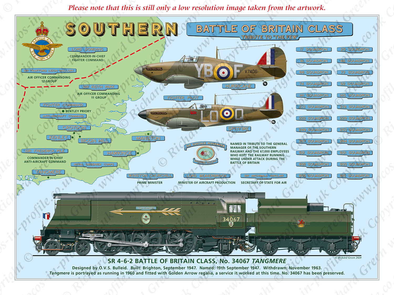 SR 4-6-2 Battle of Britain Class No. 34067 Tangmere with Nameplates plus Hawker Hurricane (17 Squadron) and Supermarine Spitfire (602 Squadron) (O. V. S. Bulleid) Steam Locomotive Print
