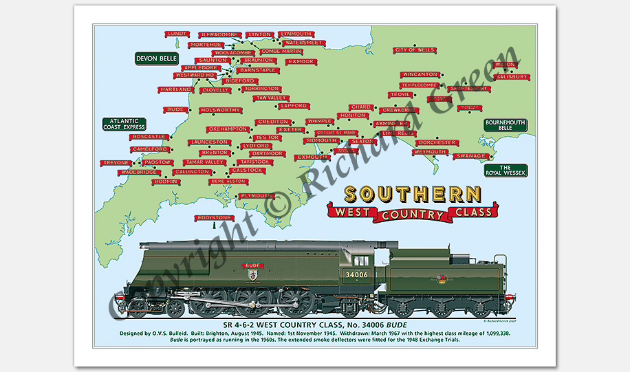 SR 4-6-2 West Country Class No. 34006 Bude with Nameplates and Train Headboards, (O. V. S. Bulleid) Steam Locomotive Print