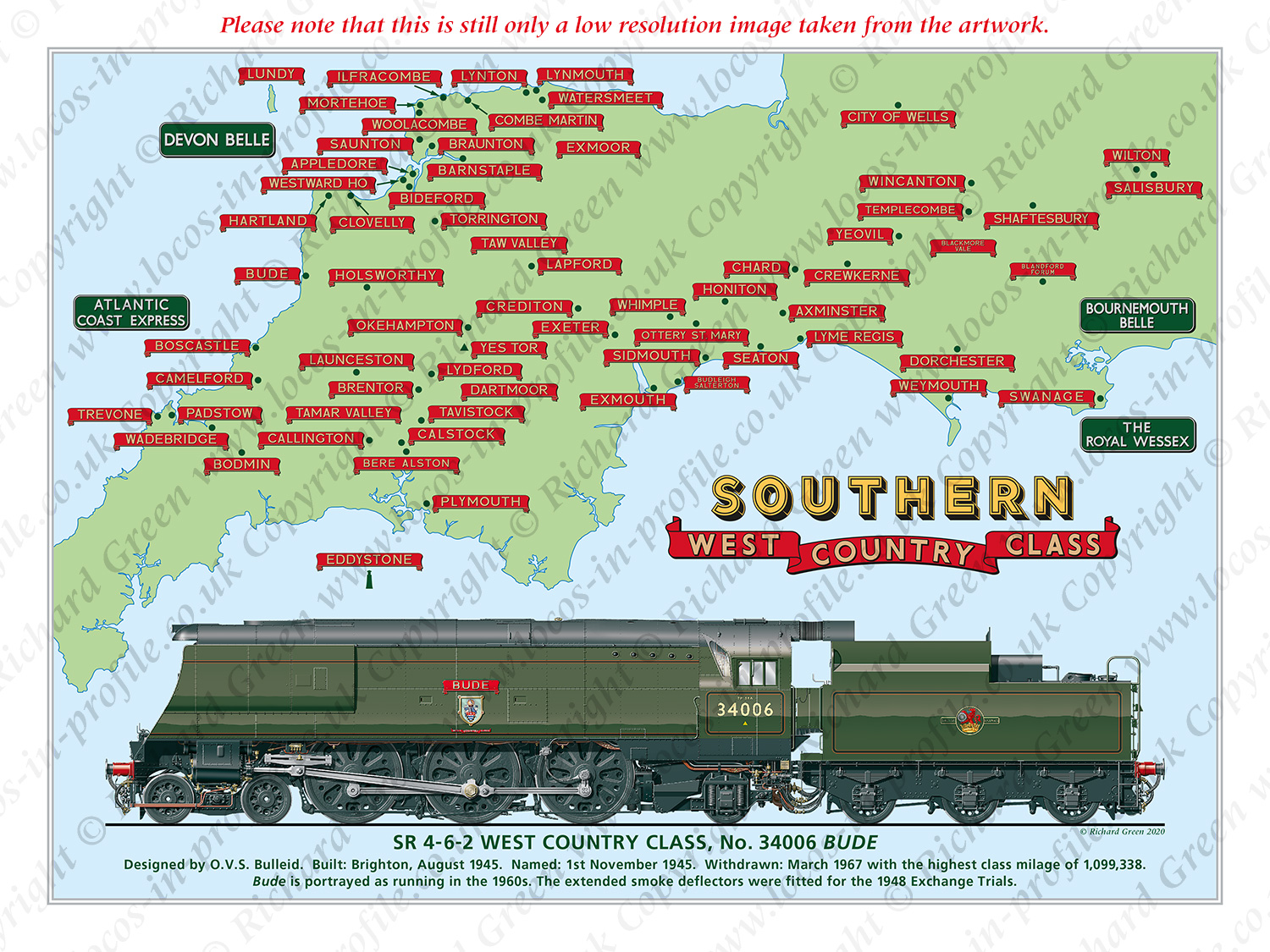 SR 4-6-2 West Country Class No. 34006 Bude with Nameplates and Train Headboards, (O. V. S. Bulleid) Steam Locomotive Print