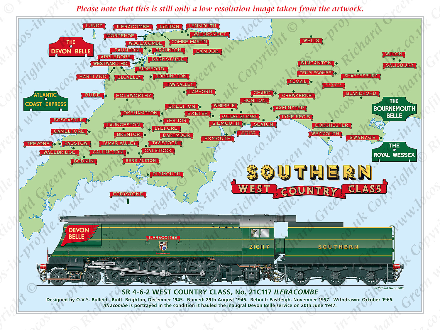 SR 4-6-2 West Country Class No. 21C117 Ilfracombe with Nameplates and Train Headboards, (O. V. S. Bulleid) Steam Locomotive Print