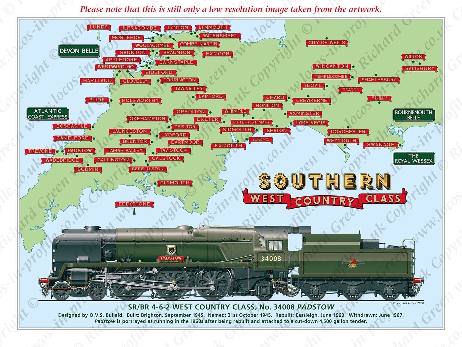 SR/BR 4-6-2 Rebuilt West Country Class No. 34008 Padstow with Nameplates and Train Headboards, (O. V. S. Bullied / R. G. Jarvis) Steam Locomotive Print