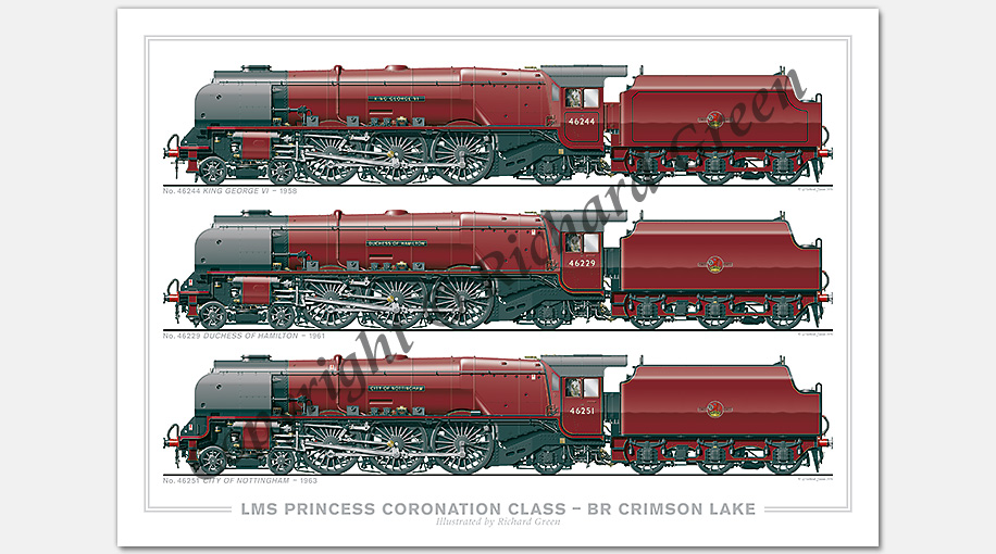 LMS 4-6-2 Princess Coronation (Duchess) Class – BR Crimson Lake. No. 46244 King George VI (1958), No. 46229 Duchess of Hamilton (1961), No. 46251 City of Nottingham (1963) (W. A. Stanier) Locomotive Steam Print