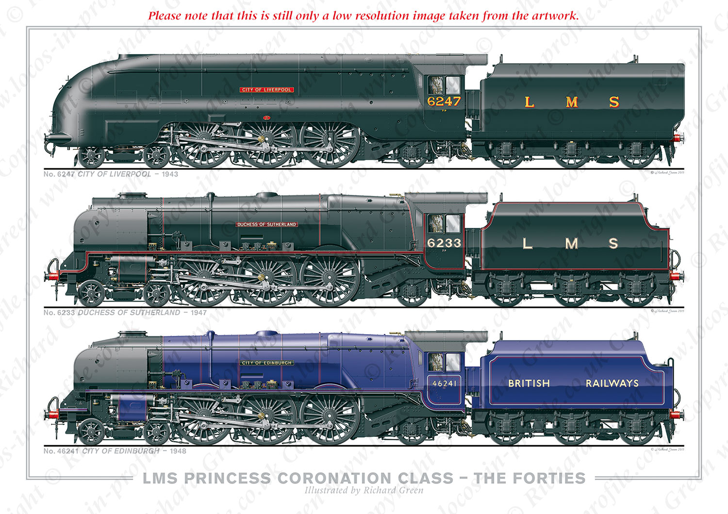 LMS 4-6-2 Princess Coronation (Duchess) Class – The Forties. No. 6247 City of Liverpool (1943), No. 6233 Duchess of Sutherland (1947), No. 646241 City of Edinburgh (1948) (W. A. Stanier) Locomotive Steam Print