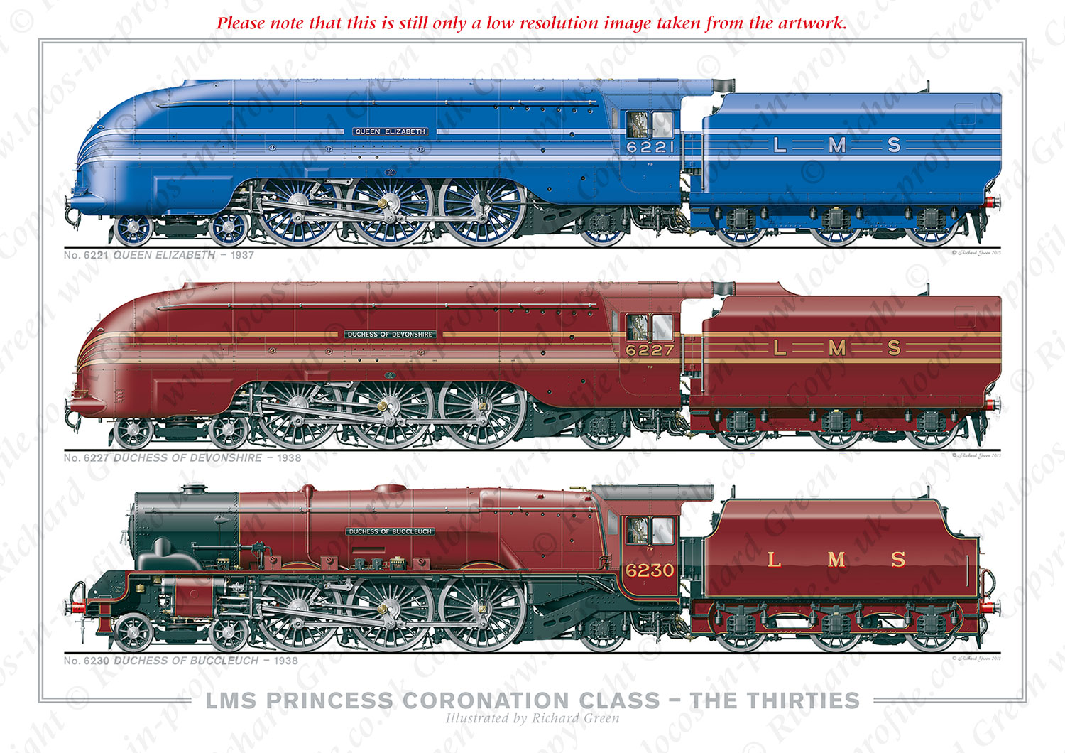 LMS 4-6-2 Princess Coronation (Duchess) Class – The Thirties. No. 6221 Queen Elizabeth (1937), No. 6227 Duchess of Devonshire (1938), No. 6230 Duchess of Buccleuch (1938) (W. A. Stanier) Locomotive Steam Print