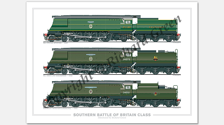 SR/BR Battle of Britain (Light Pacific) Class. No. 21C166 Spitfire (1947), No.34073 249 Squadron (1952), No. 34051 Winston Churchill (1965) (O. V. S. Bullied) Steam Locomotive Print