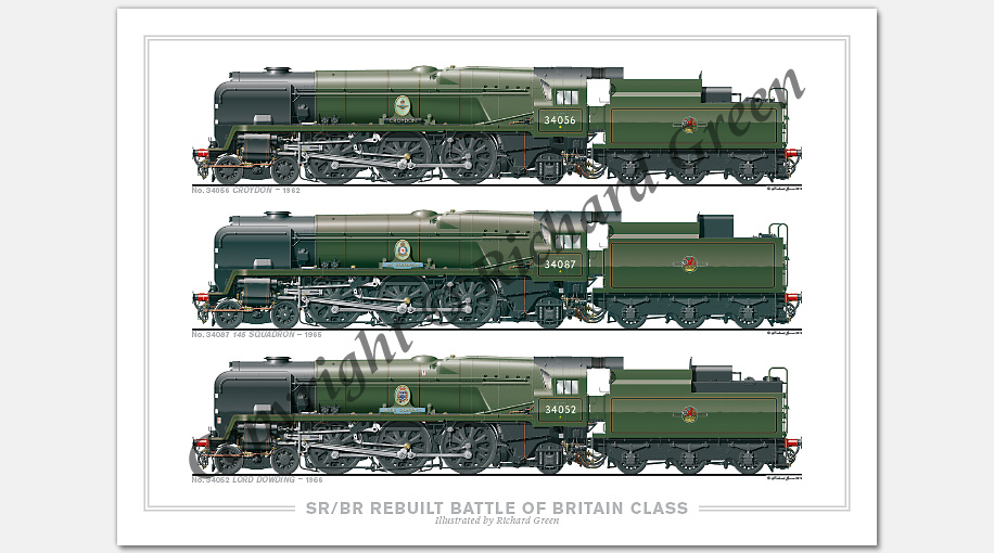 SR/BR 4-6-2 Light Pacific – Rebuilt Battle of Britain (Light Pacific) Class. No. 34056 Croydon (1962), No. 34087 145 Squadron 1(965), No. 34052 Lord Dowding (1966) (O. V. S. Bullied / R. G. Jarvis) Steam Locomotive Print