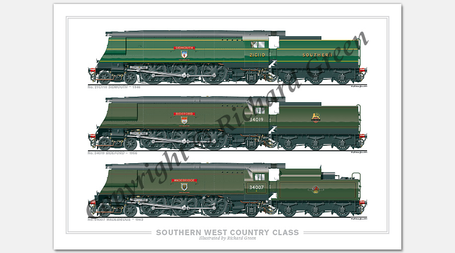 SR/BR West Country (Light Pacific) Class. No. 21C110 Sidmouth (1946), No. 34019 Bideford (1956), No. 4007 Wadebridge (1963) (O. V. S. Bullied) Steam Locomotive Print