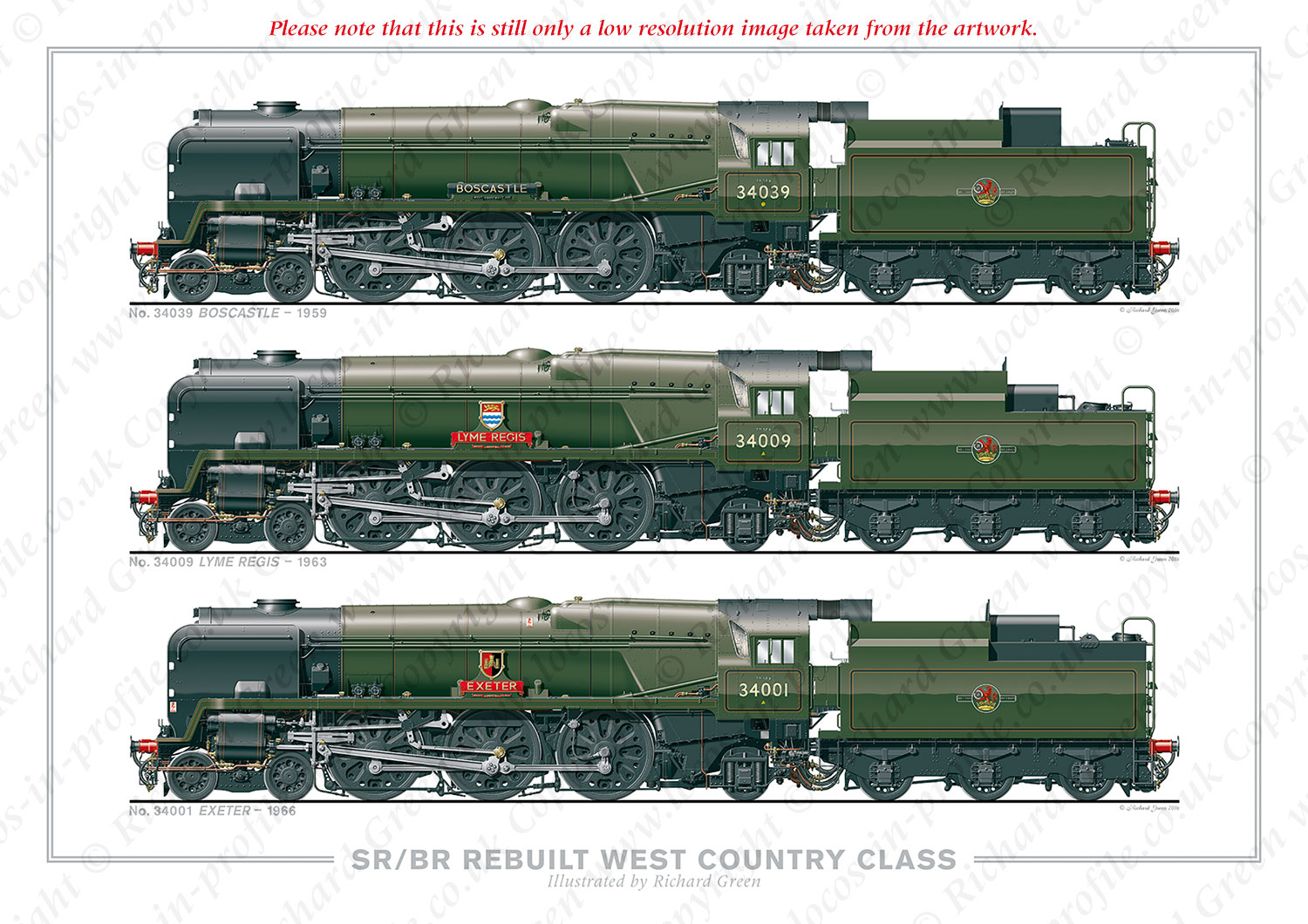 SR/BR 4-6-2 Light Pacific – Rebuilt West Country (Light Pacific) Class. No. 34039 Boscastle (1959), No. 34009 Lyme Regis (1963), No. 34001 Exeter (1966) (O. V. S. Bullied / R. G. Jarvis) Steam Locomotive Print