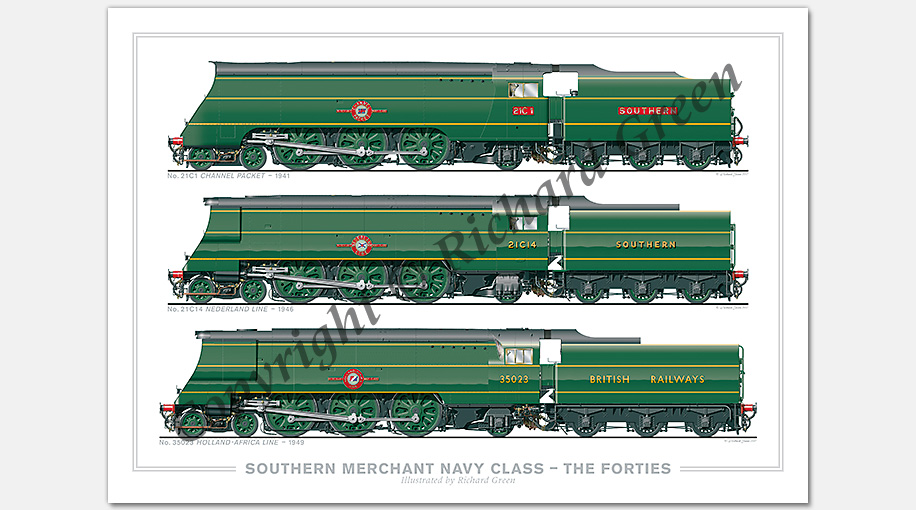 SR 4-6-2 Merchant Navy Class – The Forties (40s). No. 21C1 Channel Packet (1941), No. 21C14 Nederland Line (1946), No. 35023 Holland-Africa Line (1949) (O. V. S. Bullied) Steam Locomotive Print