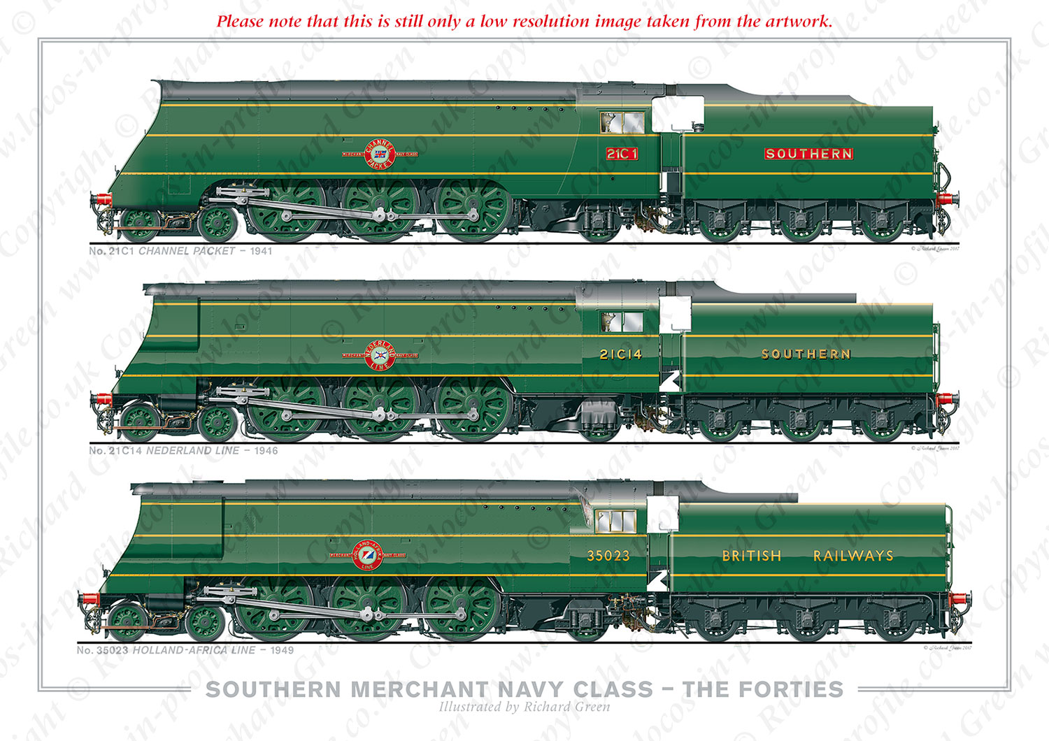 SR 4-6-2 Merchant Navy Class – The Forties (40s). No. 21C1 Channel Packet (1941), No. 21C14 Nederland Line (1946), No. 35023 Holland-Africa Line (1949) (O. V. S. Bullied) Steam Locomotive Print