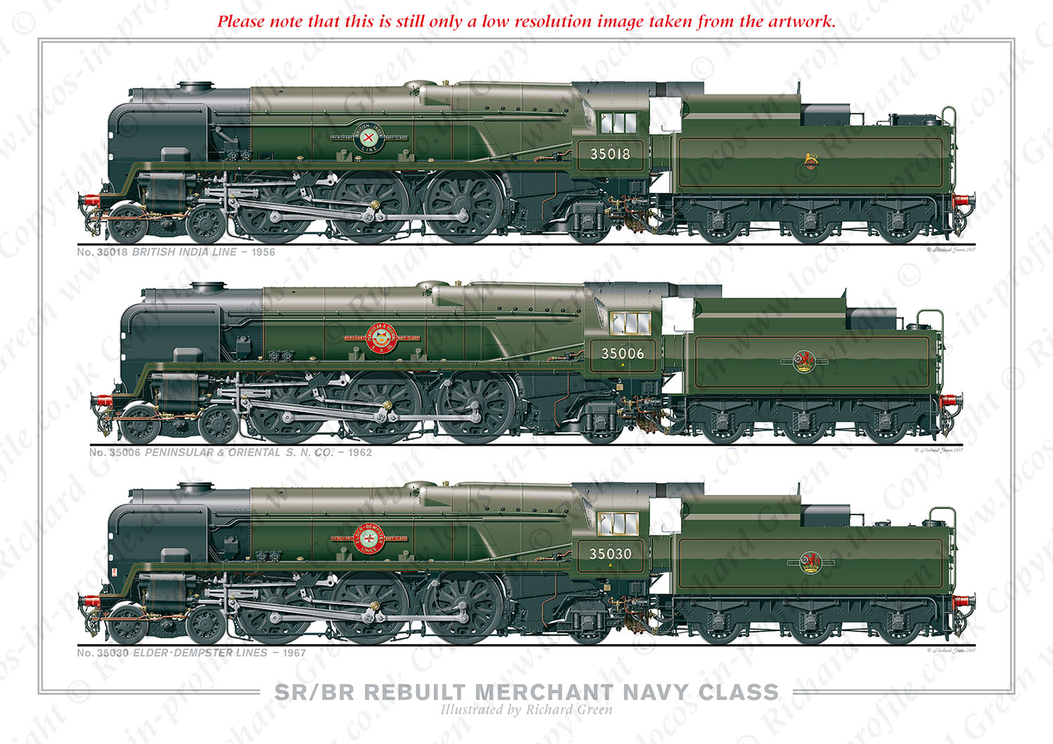 R/BR 4-6-2 Merchant Navy Class – Rebuilt. No. 35018 British India Line (1956), No. 35006 Peninsular & Oriental S. N. Co. (1962), No. 35030 Elder-Dempster Lines (1967) (O. V. S. Bullied / R. G. Jarvis) Steam Locomotive Print