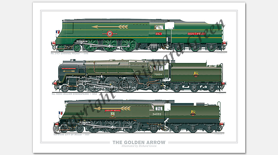 The Golden Arrow. No. 21C1 Channel Packet (1946), No. 70004 William Shakespeare (1953), No. 34092 City of Wells (1957) (O.V.S. Bulleid & R.A. Riddles) Steam Locomotive Print