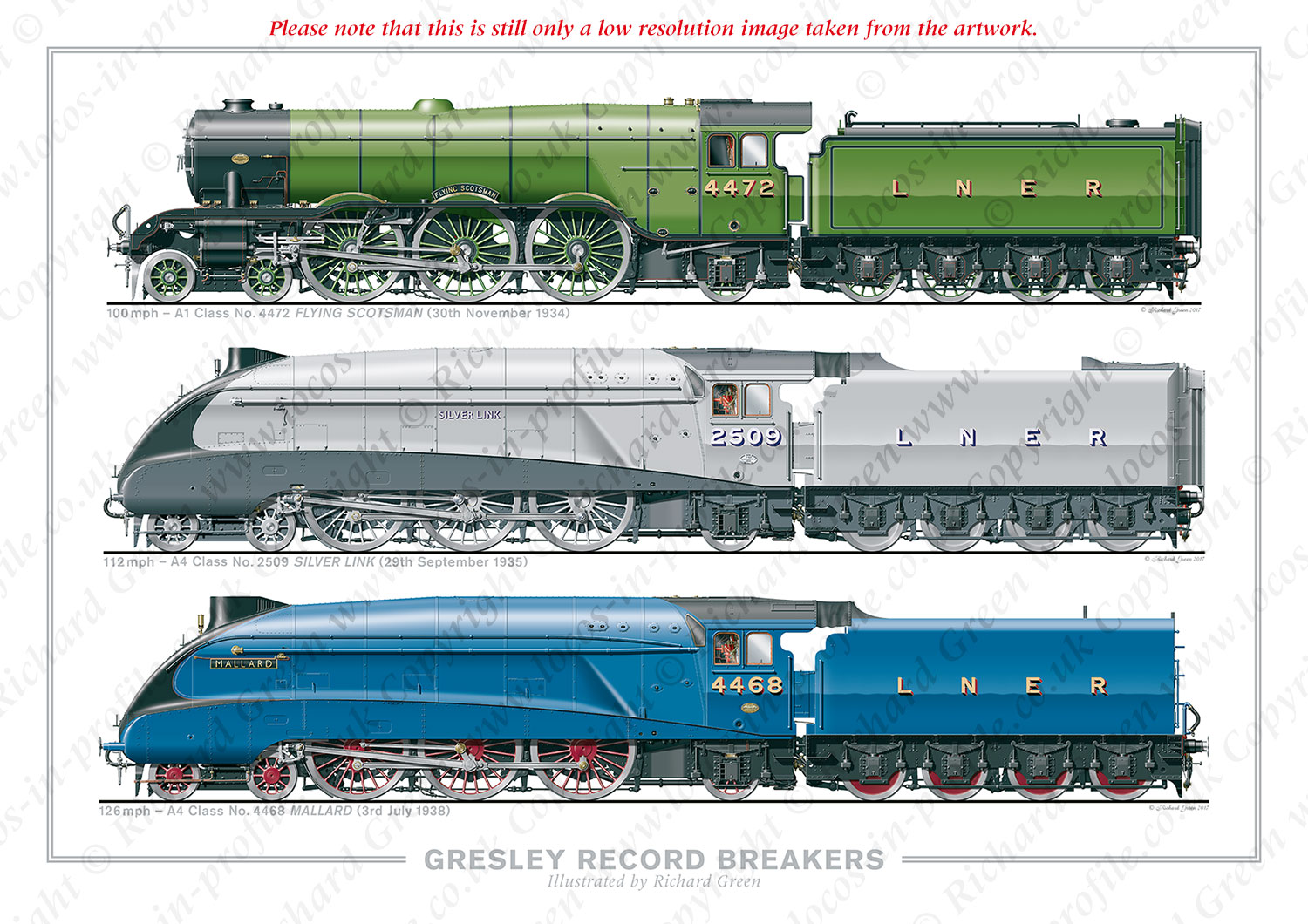 Gresley Record Breakers. 100mph – A1 Class No. 4472 Flying Scotsman (30th November 1934), 112mph – A4 Class No. 2509 Silver Link (29th September 1935), 126mph – A4 Class No. 4468 Mallard (3rd July 1938) (H.N. Gresley) Steam Locomotive Print