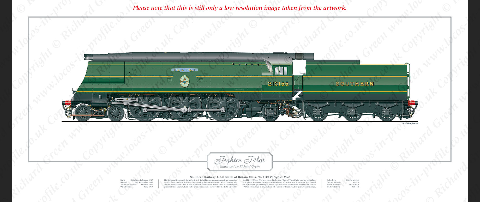 SR Battle of Britain (Light Pacific) Class No. 21C155 Fighter Pilot (O V S Bulleid) Steam Locomotive Print