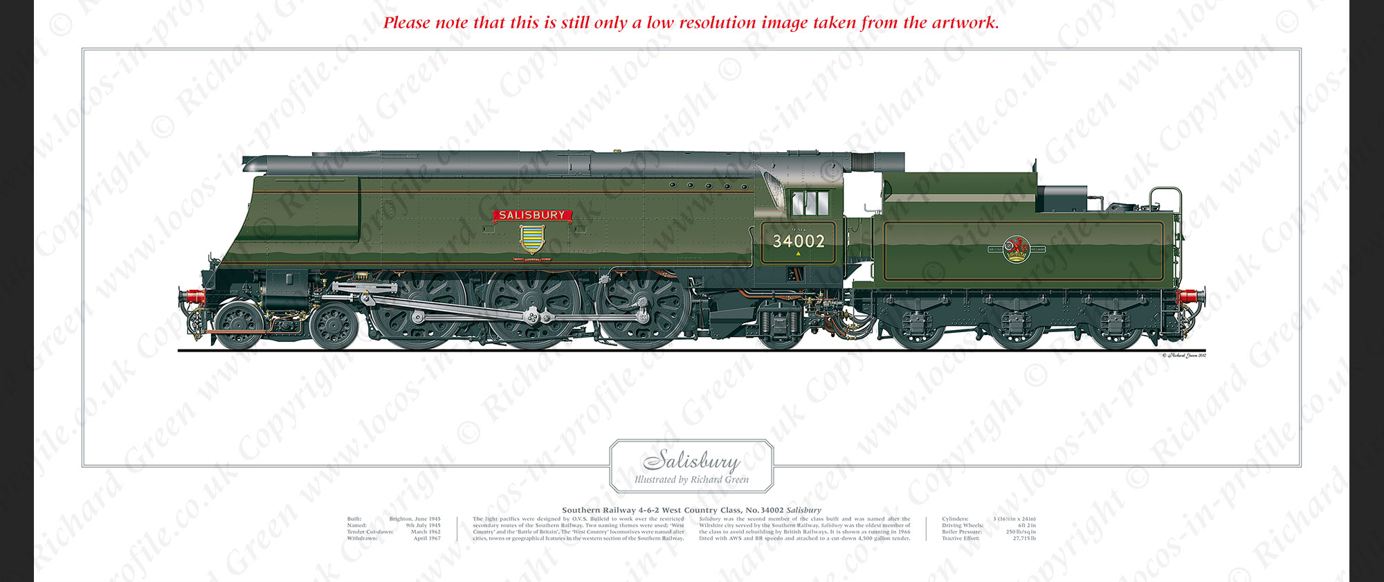 SR West Country (Light Pacific) Class No. 34002 Salisbury (O V S Bulleid) Steam Locomotive Print