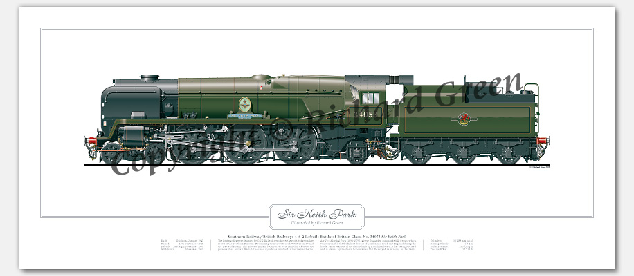 SR/BR Rebuilt Battle of Britain (Light Pacific) Class No. 34053 Sir Keith Park (O V S Bulleid / R G Jarvis) Steam Locomotive Print