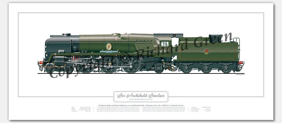 SR/BR Rebuilt Battle of Britain (Light Pacific) Class No. 34059 Sir Archibald Sinclair (O V S Bulleid / R. G. Jarvis) Steam Locomotive Print